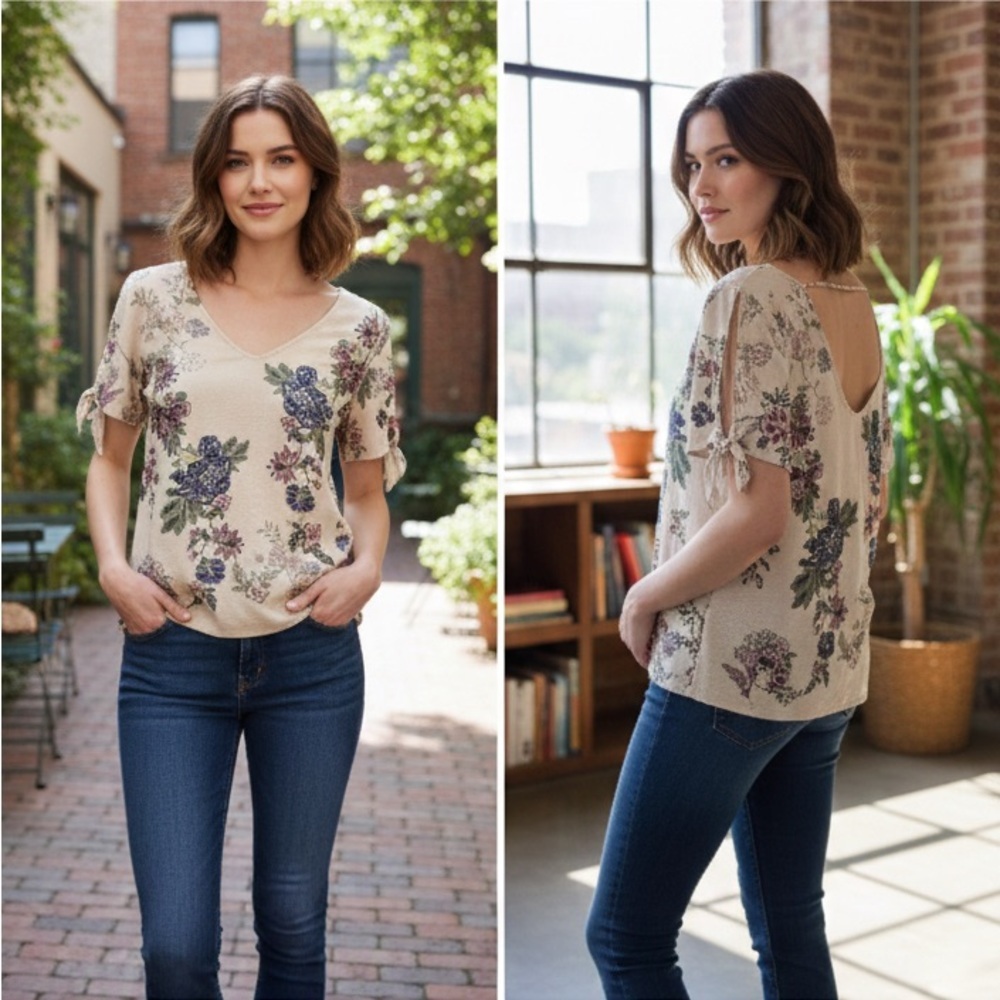 ing Floral Open Sleeve Low Back Blouse